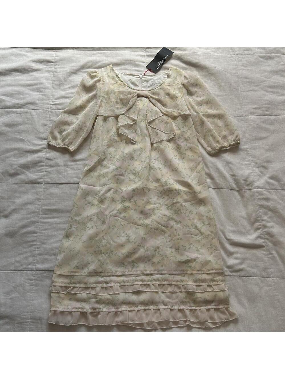 Karl Park Lane Ivory Pastel Floral Bow Ruffle Puff Sleeve Midi Dress S Japan NWT